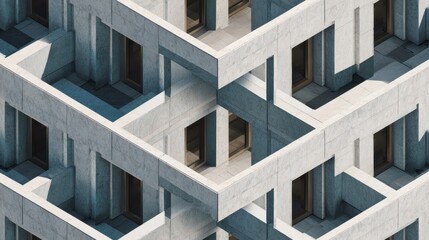 Complex isometric view of a repeating geometric building facade creating a maze.