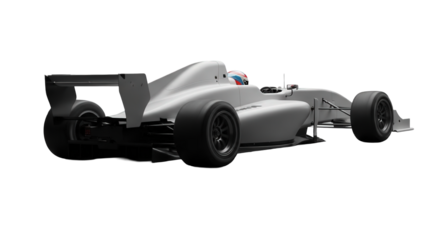 A sleek silver open-wheel racing car, isolated on white, symbolizes the high-speed excitement of winter sport.