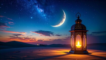 Elegant Ramadan night scene with a glowing traditional lantern under a starry sky and crescent moon
