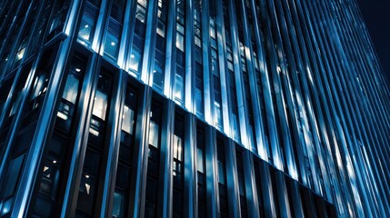 Obraz premium Modern blue building facade with illuminated windows and vertical metal beams.