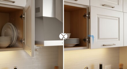 Comparison shot illustrating the difference between a traditional cabinet door slamming shut versus a smoothly closing one fitted with softclose hinges.