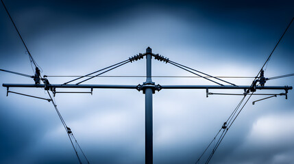 tolerable. Diamond-shaped tram pantograph contacting overhead wires at a platform, industrial detail. mobility guides, transit brochures, designed for mobility and urban transit guides.