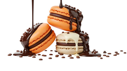 Delicious macarons with chocolate sauce and coffee beans