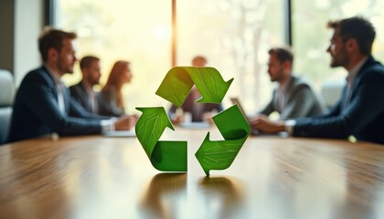 Group of business people in meeting discuss eco strategy with green recycle symbol on table. Professionals plan sustainable future for company, planet. Teamwork for environmental protection,