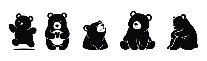 Naklejka premium Collection of black bear silhouettes in various poses on a white background