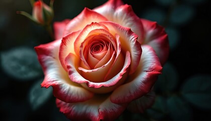 Close up of a bicolor rose unfurling its petals. Delicate red edges contrast with creamy yellow inner layers. Bud and dark foliage visible in soft focus background.