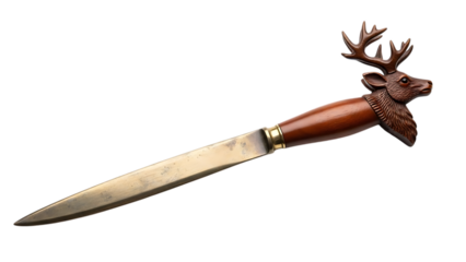 Ornate letter opener with carved stag head handle and brass blade deer animal