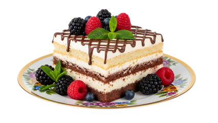 Delicious layered cake with fresh berries and chocolate sauce