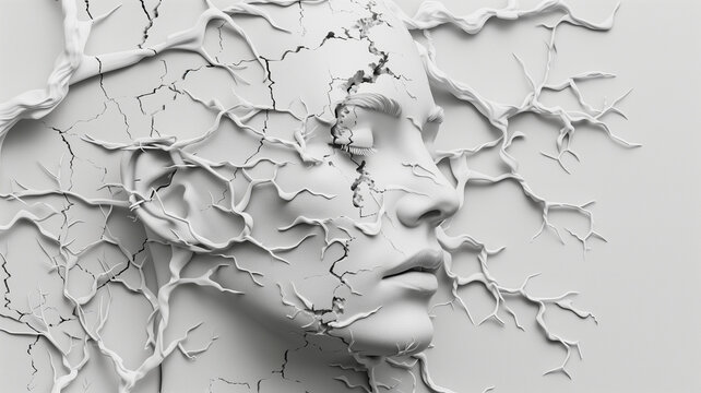 Rostro de mujer entre pintura blanca con textura y piel cuarteada