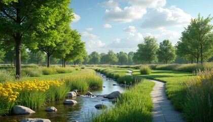 Lush green park with stream winding path, vibrant yellow flowers, and mature trees under blue sky with clouds. Natural landscape offers peaceful urban respite.