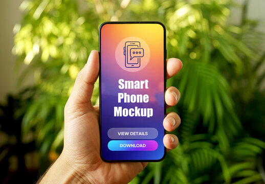Hand Held Smartphone Mockup with Tropical Background