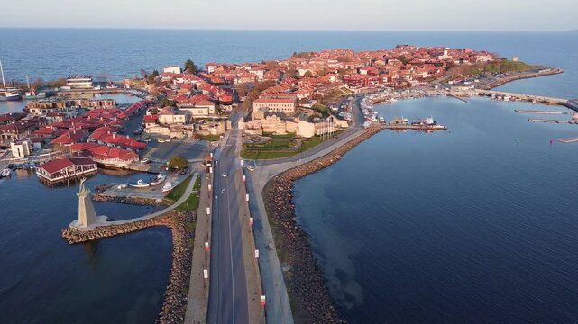 Aerial view of Nessebar with a pier on a peninsula in the Black Sea, Bulgaria