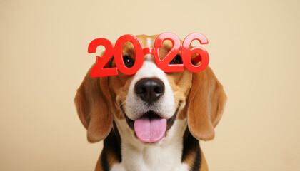 Cute Beagle Dog Wearing 2026 New Year Celebration Glasses.