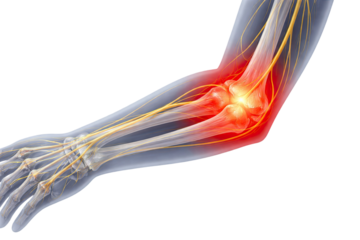 Human elbow joint nerve pain with highlighted inflammation medical anatomy x-ray illustration detailed isolated on white background