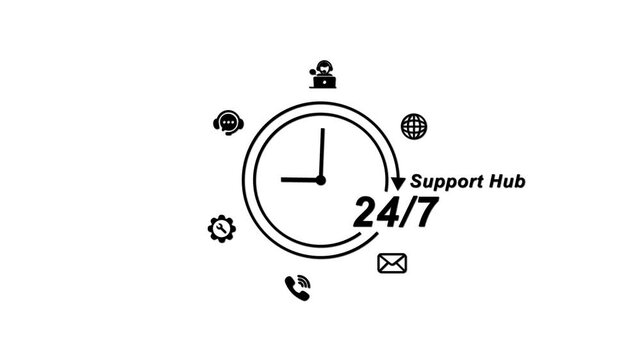 24/7 Support Hub Set with Clock Globe Phone Email Chat Symbols customer service help desk