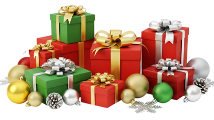 Red and green gift boxes with gold and silver ribbons and ornaments Christmas presents