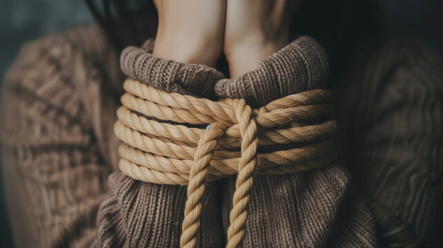 Mujer sometida, atada como met&aacute;fora de sumisi&oacute;n