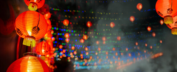 Red lantern decorated during lunar new year celebration on street in chinatown.