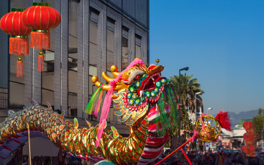 Lunar new year celebrations around the chinatown , Dragon parade with red lantern.