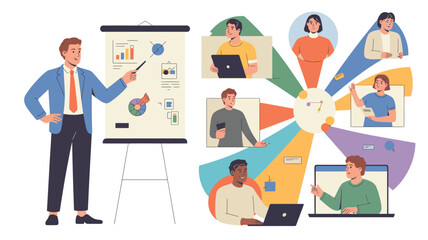 A businessman gives a presentation while a diverse remote team collaborates through video calls