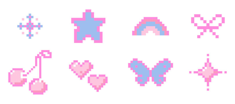 Cute pixel elements set pink girly stars, bows, heart. Cherry, rainbow and butterfly y2k retro game 8 bit icons. Pixel collection.