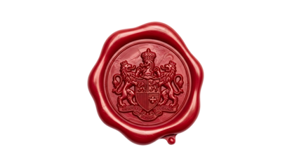 Red wax seal with royal crest and lions on black background coat of arms