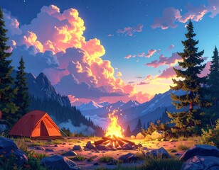 Scenic camping view mountains, tent, campfire under a colorful sky