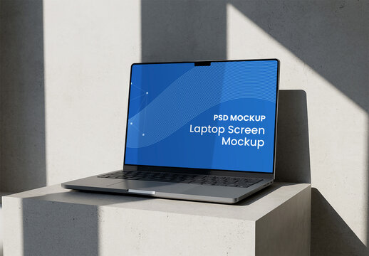 Laptop Mockup on Concrete Block with Shadows