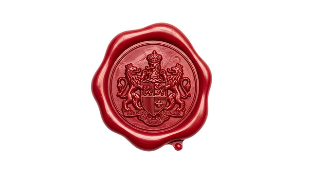Red wax seal with royal crest and lions on black background coat of arms