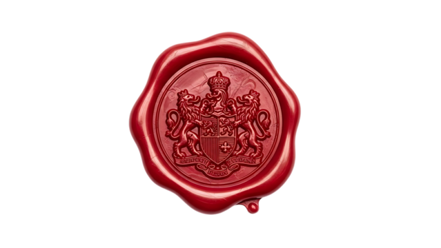 Red wax seal with royal crest and lions on black background coat of arms - Powered by Adobe