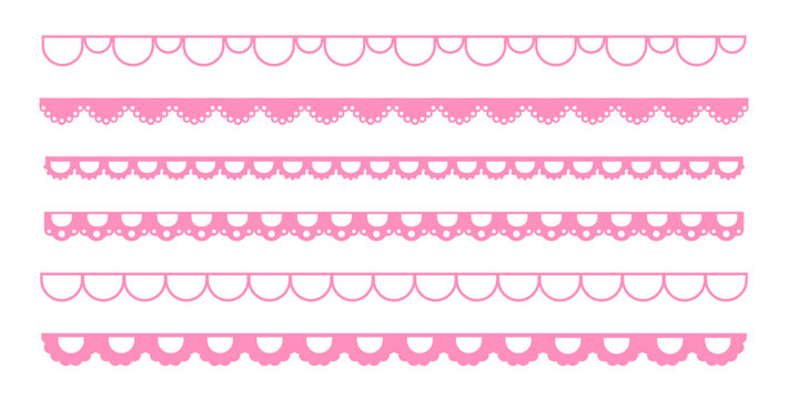 Scalloped edge pink lace set border, cute textile frill stripe. scalloped border, frame, pattern isolated. Zigzag edge border, cutout decoration line frame collection
