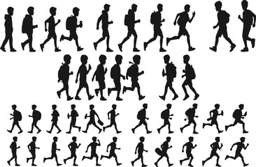Running person animation sprite sheet silhouettes with backpack