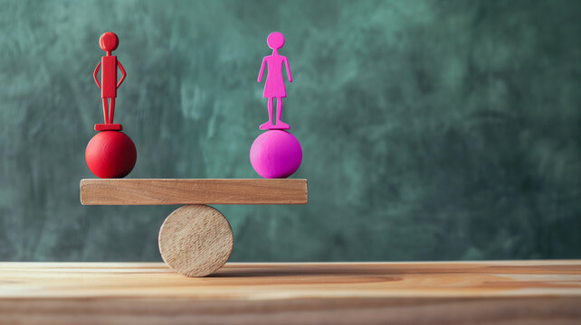 mu&ntilde;ecos de hombre y de mujer guardando equilibrio sobre un balanc&iacute;n de madera, met&aacute;fora de igualdad, feminismo y respeto