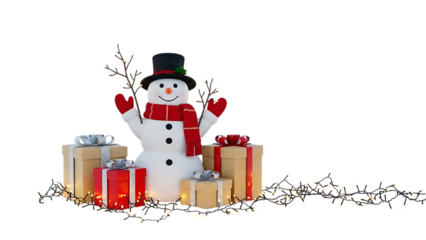 Smiling snowman with red scarf and gifts surrounded by Christmas lights winter holiday