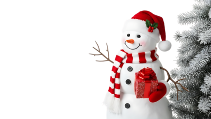 Smiling snowman in red hat and scarf holding gift next to frosted tree christmas