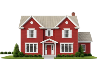 Beautiful red house with white trim and gray roof