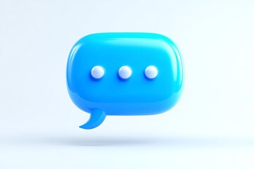 Fototapeta premium Vibrant blue 3D speech bubble icon with three dots on a clean white background, symbolizing communication or messaging.