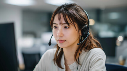 Young Japanese woman working at call center with headset in modern office 11