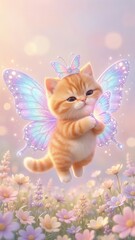 Cute orange kitten with glittery fairy wings holding a butterfly, floating above pastel flowers in a dreamy spring scene.
