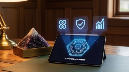 Executive Leadership and Security Concept: Tablet on Walnut Desk Displaying Digital Badge with Holographic Blockchain, Shield, and Growth Icons in Luxury Study