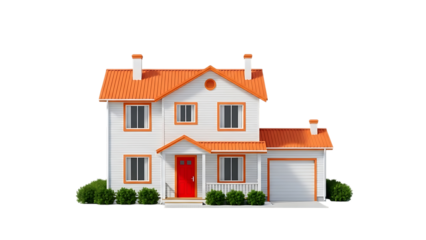 Modern two story house with red roof and garage