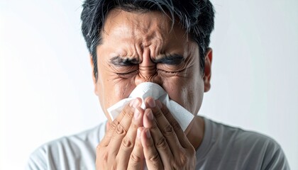 Overweight Asian man covering nose and mouth with tissue while sneezing, isolated on white background. Health, hygiene, allergy, flu prevention, and respiratory illness awareness concept.