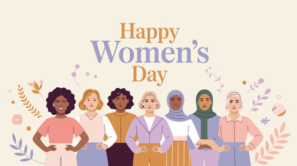 A diverse group of seven women standing together celebrating International Womens Day