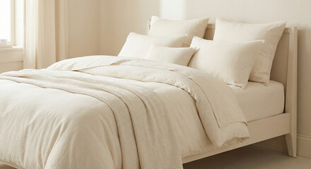 Cozy bedroom featuring a neatly made bed with soft beige linens and multiple pillows, creating a serene and inviting atmosphere for relaxation and comfort