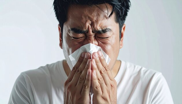 Overweight Asian man covering nose and mouth with tissue while sneezing, isolated on white background. Health, hygiene, allergy, flu prevention, and respiratory illness awareness concept. - Powered by Adobe