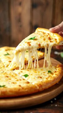 Close-up of hand pulling up a slice of hot cheese pizza with melted cheese and topping of basil leaves on wooden background.