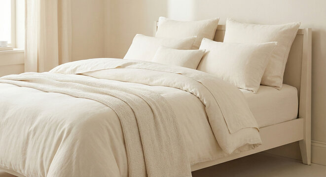 Cozy bedroom featuring a neatly made bed with soft beige linens and multiple pillows, creating a serene and inviting atmosphere for relaxation and comfort