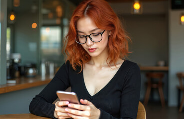 Young Korean woman with vibrant orange hair types on her smartphone at a cafe table. She wears glasses and a black top, focusing intently on her device while relaxing. A modern workspace setting.