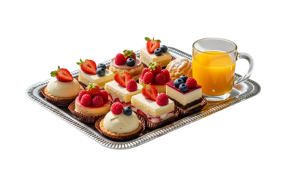 Delicious desserts and fresh juice on a tray