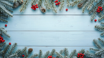 A winter holiday flat-lay features frosted pine branches, pinecones, and clusters of red berries set against a light blue wooden table. A light dusting of snow adds to the cozy festive atmosphere.